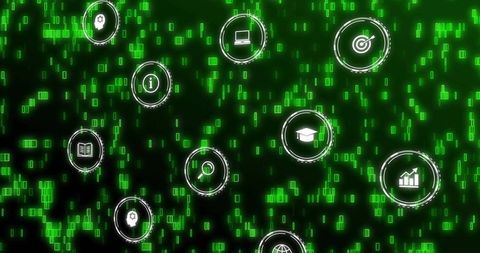 Neon matrix tech dashboard with floating data icons for analytics and digital learning