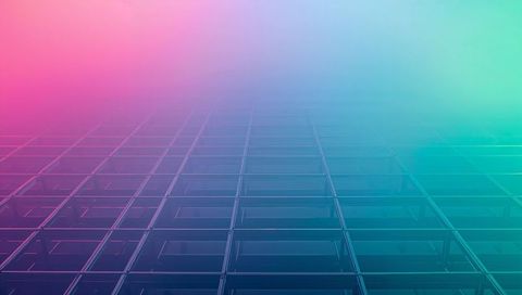Glass grid facade fading into pink cyan gradient haze for futuristic minimal background