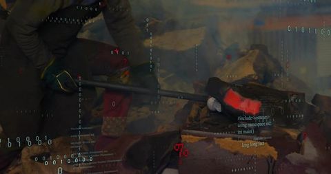 Industrial worker operating forge with digital code overlay
