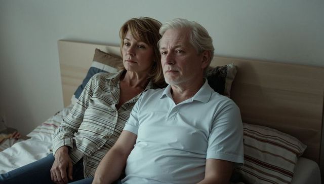 Senior couple sitting on bed gazing forward, sharing quiet reflective moment