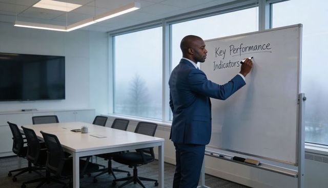 Executive writing key performance indicators on whiteboard in modern boardroom