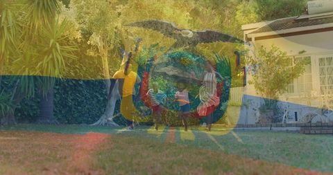 Joyful Family Enjoying Garden with Vibrant Ecuadorian Flag Overlay