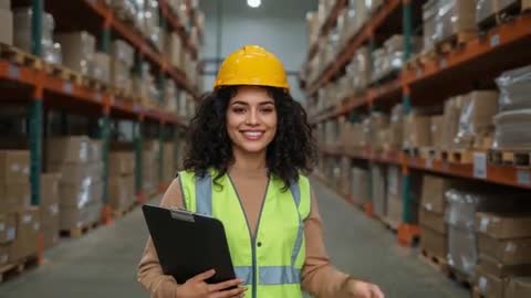 Confident Warehouse Professional with Clipboard Smiling in Vest and Hard Hat