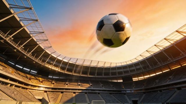 Soaring soccer ball zooming toward camera over empty stadium at golden sunset with motion blur