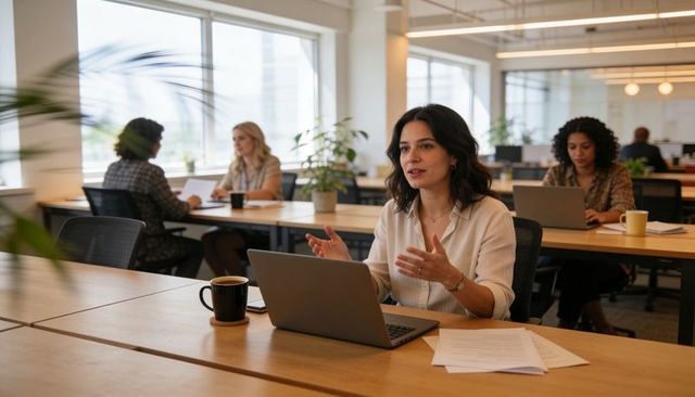 Woman leading hybrid meeting at modern open-plan office, gesturing while speaking