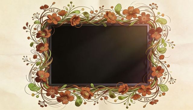 Ornate vintage floral frame featuring blank rectangular panel on parchment background