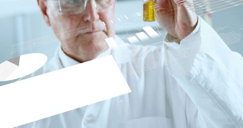 Senior scientist examining amber vial wearing lab coat and glasses with data overlays