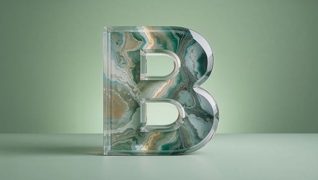 3D Glass-like Letter 'B' with Marble Texture on Pastel Green Background
