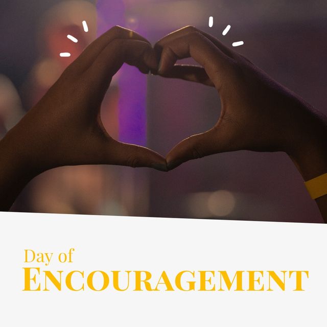 This image of children's hands forming a heart shape is perfect for representing unity, friendship, or positive community events. The 'Day of Encouragement' text and warm lighting make it ideal for use in promotional materials, social media posts, or flyers aimed at inspiring and supporting communities. It can also be used in campaigns for non-profit organizations, schools, or any context that promotes solidarity and encouragement.