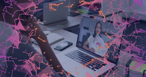 Businesswoman Hosting Webinar with Digital Network Overlay