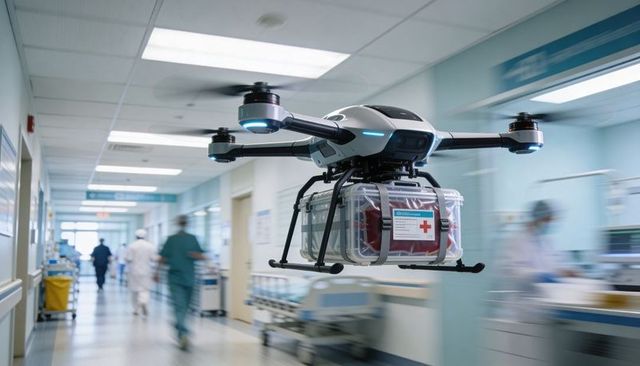Autonomous medical drone delivering emergency blood kit through busy hospital corridor