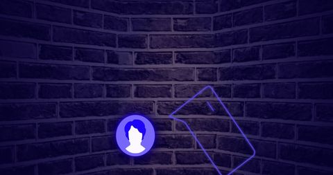 Digital media icon on neon blue brick wall