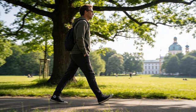 Man walking through sunlit park under large tree with hoodie, backpack, sunglasses