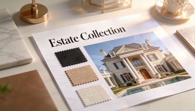 Estate collection luxury brochure featuring mansion print with fabric swatches on marble