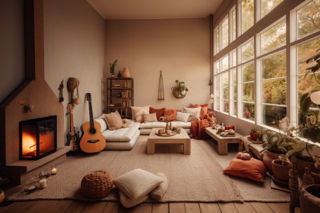 Living room interior with sofa, fireplace and decorations created using generative ai technology. Boho, furniture, style, design and interior decoration concept digitally generated image.