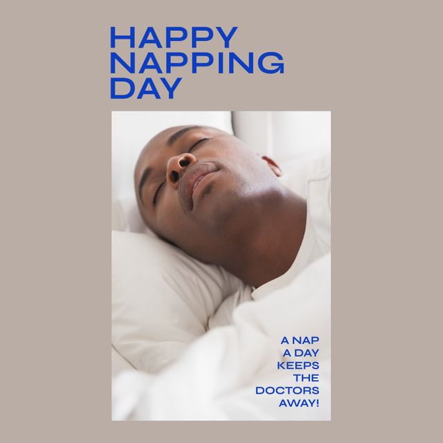 This image shows an African American man peacefully sleeping in bed with text celebrating Happy Napping Day. Perfect for promoting sleep health, relaxation tips, wellness blogs, and sleep product advertisements. Can also be used for social media posts about the benefits of napping.