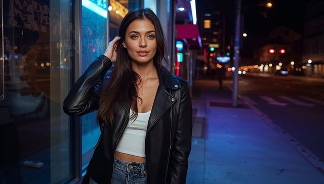 Neon night portrait of woman wearing leather jacket and crop top on urban sidewalk