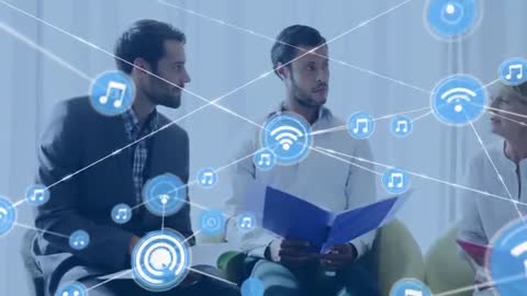 Collaborating Professionals in Tech Lounge with Network Icons