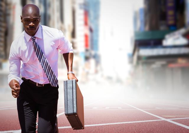 Digital composite of Business man running with briefcase on track against blurry city