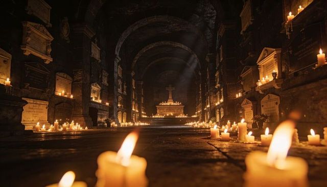 Glowing candlelit gothic crypt leading to stone altar topped with cross