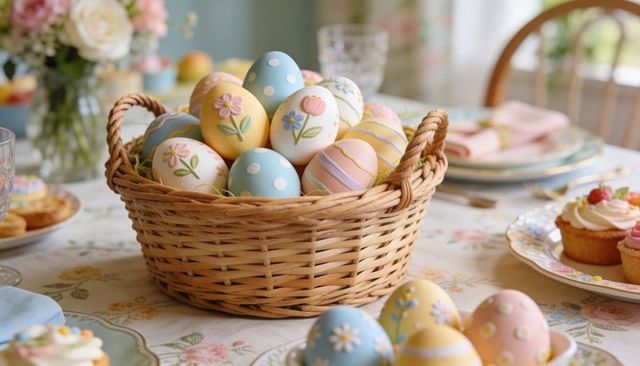 Wicker basket holding pastel easter eggs on floral tablecloth with cupcakes and glassware