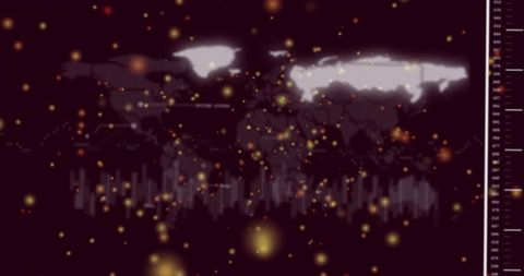 Global dataviz dashboard featuring glowing particle map, soft bars and vertical scale