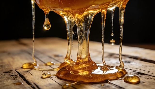 Amber syrup dripping into glossy pools forming suspended droplets on weathered wood