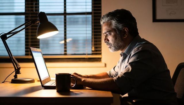 Focused professional working late at home desk with laptop, lamp, coffee mug, blinds