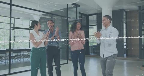 Clapping Team Celebrating Success in Modern Office with Digital Waveform Overlay