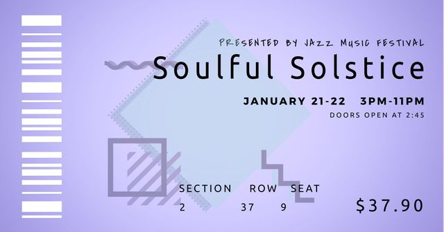 This design features a sophisticated purple theme suitable for jazz music festivals and other music events. Key elements include event name 'Soulful Solstice', date, time, and seating information. Ideal for organizers and designers looking for an elegant and eye-catching ticket template. Could be used for various cultural and musical events to ensure an aesthetic presentation.