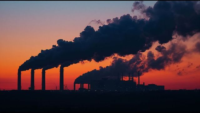 Industrial Facility Emitting Smoke at Sunset