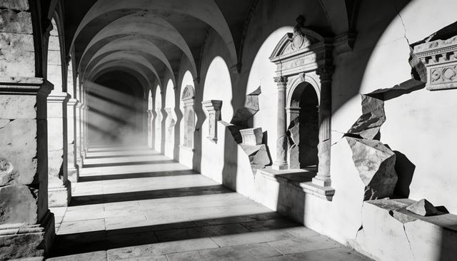 Sunlit gothic cloister corridor with cracked marble niches and dramatic shadow lines