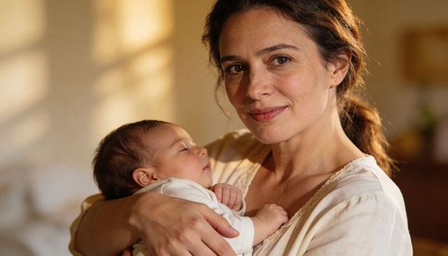 Soft morning bond: mother holding sleeping newborn in sunlit home embracing tenderness