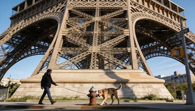 Man walking dog at eiffel tower base during golden morning light, urban landmark lifestyle