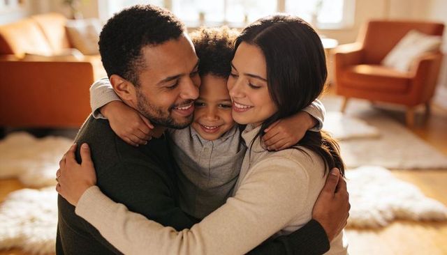 Parents and child embracing in cozy living room, love and warmth