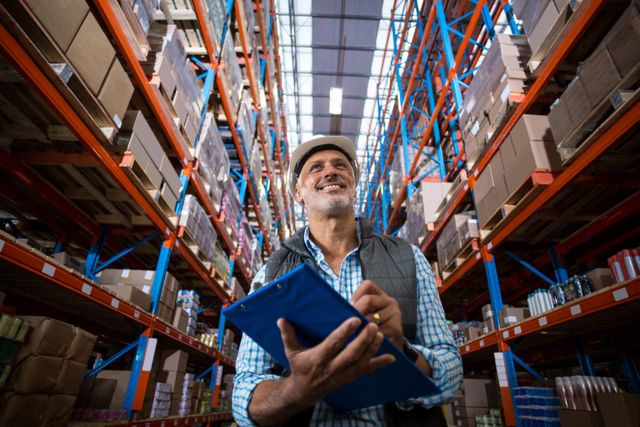 Warehouse worker checking inventory on high shelves in a large storage facility. Ideal for illustrating logistics, inventory management, supply chain operations, business and industrial environments, shipping, and warehouse-related services.