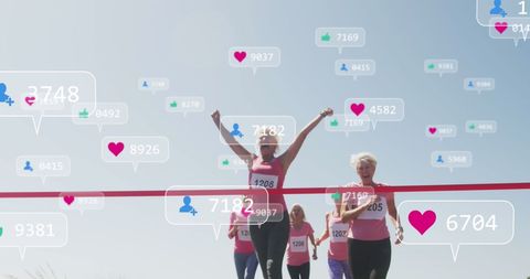 Women runners celebrating race finish with social media engagement icons