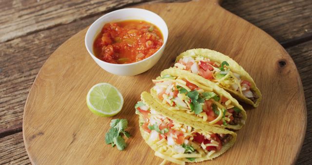 Image of freshly prepared tacos and bowl with sauce lying on board on wooden surface. cuisine, cooking, food preparing, taste and flavour concept.