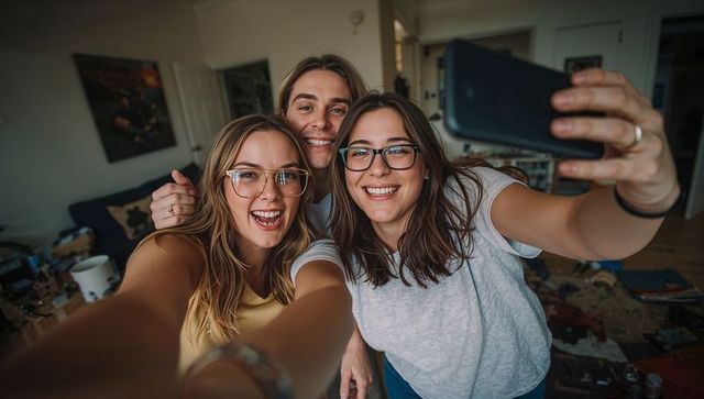 Three friends taking selfie at home smiling and laughing while wearing glasses