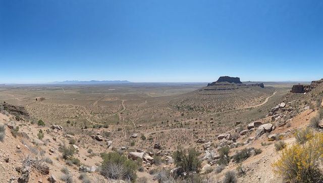 Panoramic desert mesa rising above wide arid plain with rocky foreground and trails