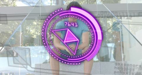 Asian man sitting on steps with purple hud overlay futuristic ar in modern atrium