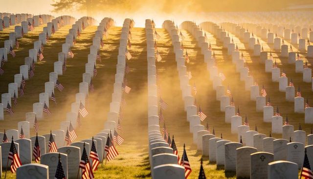 Misty dawn sunlight over military cemetery, rows of white headstones with american flags