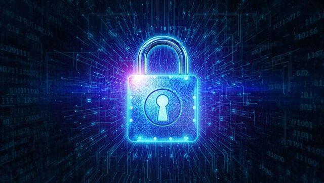 Futuristic Neon Padlock Representing Cybersecurity in Digital Age