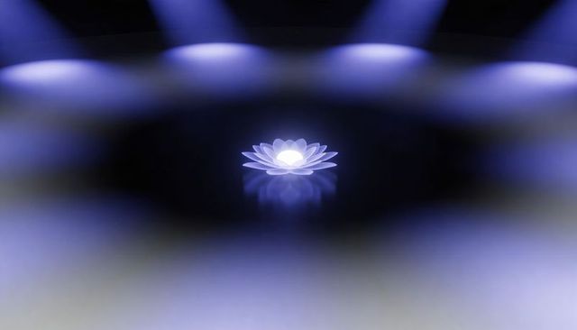 Glowing lotus floating on glossy surface with blue-white light and minimalist reflections