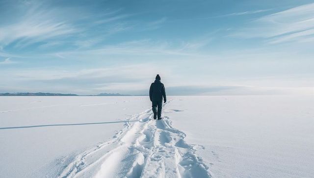 Walking traveler crossing vast snowfield leaving deep footprints to distant horizon