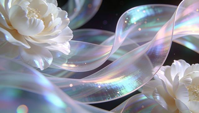 Iridescent ribbons weaving pastel waves with glossy white peonies and sparkling bokeh
