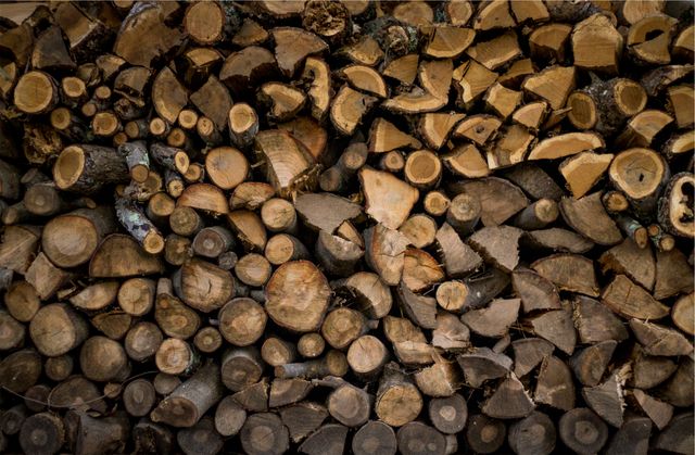 Image captures close-up view of stacked firewood logs with rough cut ends. Ideal for content related to home heating, natural resources, woodworking, rustic decor, or forestry.