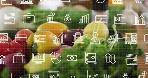Fresh market produce with business and finance icons showing digital agriculture trends