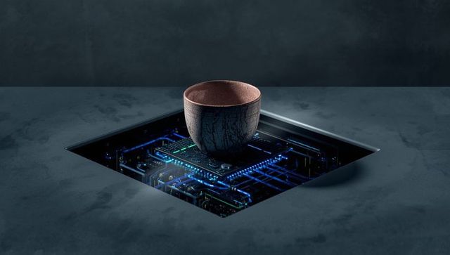 Fusion of Tradition and Technology: Ceramic Cup Above Glowing Circuit
