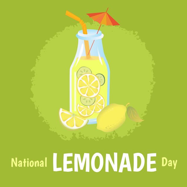 Illustration of lemonade with straw in bottle and national lemonade day text on green background - Download Free Stock Videos Pikwizard.com